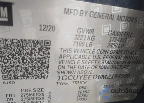 2021 Chevrolet Silverado 1500 4Wd Short Bed Rst z USA, uszkodzony, nr VIN 1GCUYEED6MZ194599